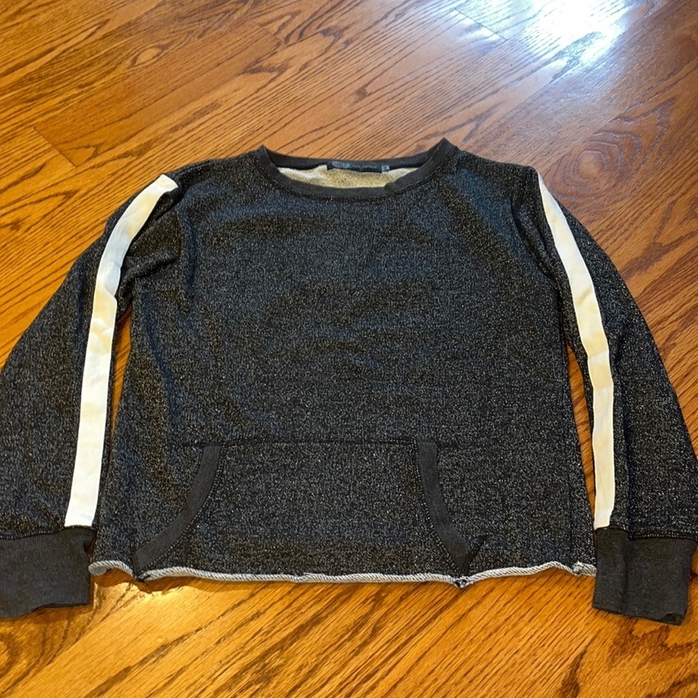 JET John Eshaya Woman’s Dark Grey Sparkle Crewneck With Striped Sleeves Size S